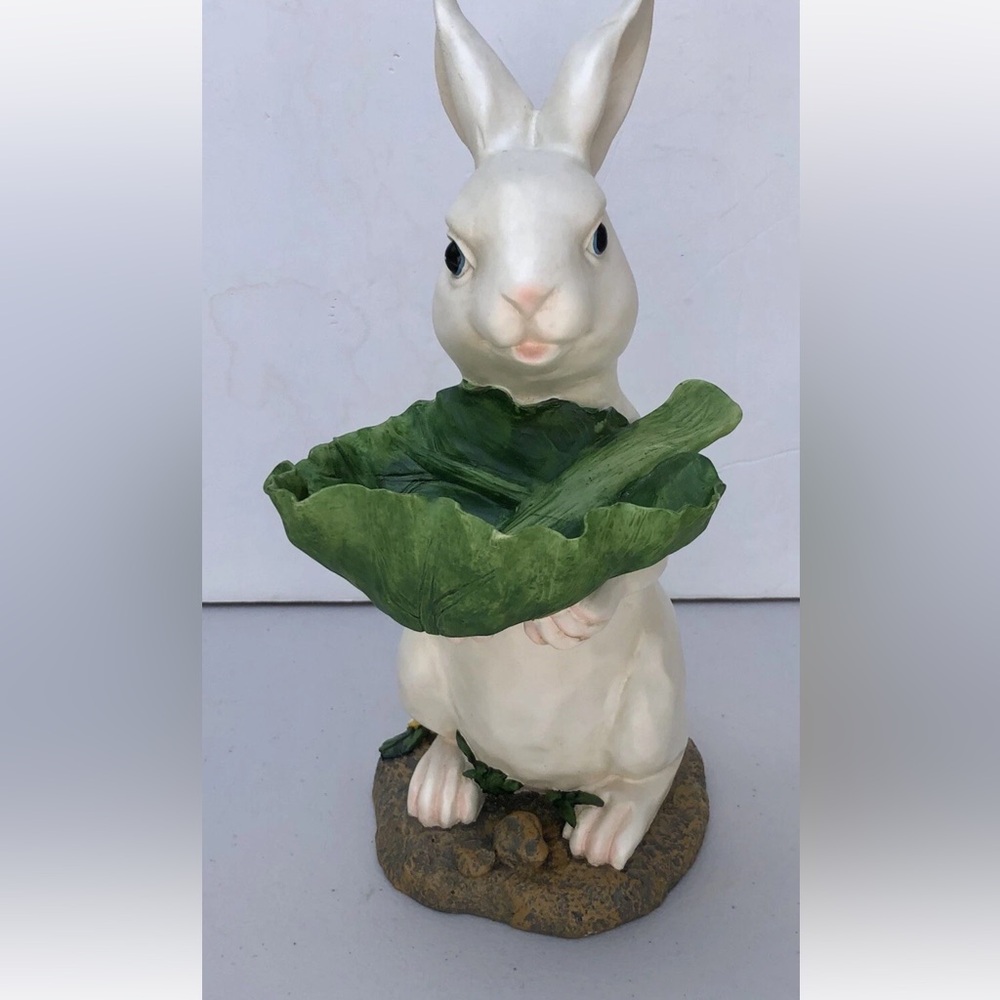 White Ceramic Bunny Holding Green Leaf Bowl